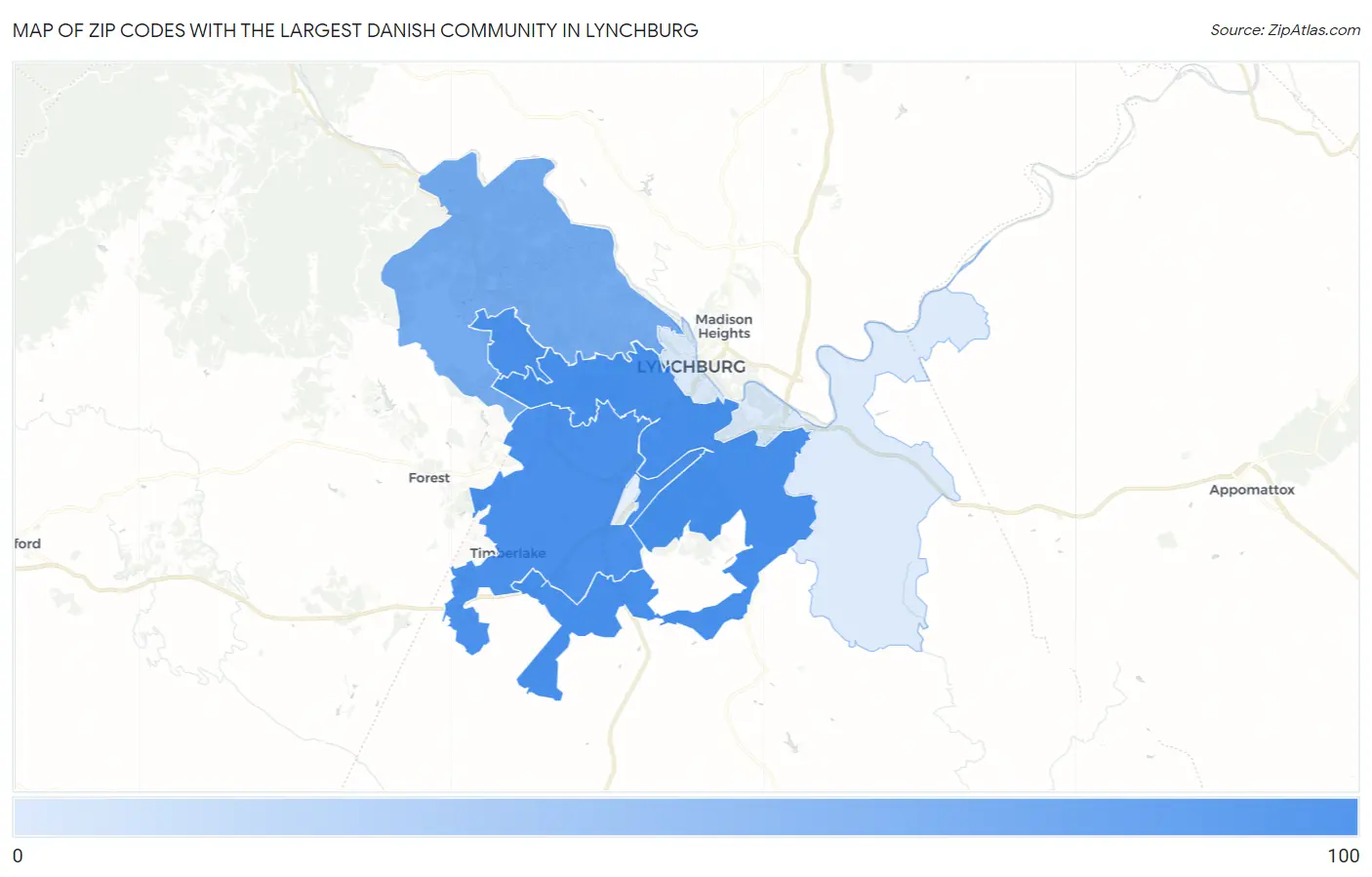 Zip Codes with the Largest Danish Community in Lynchburg Map