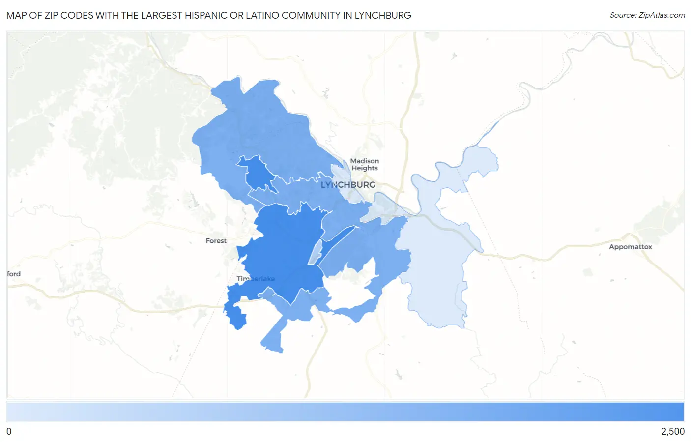 Zip Codes with the Largest Hispanic or Latino Community in Lynchburg Map