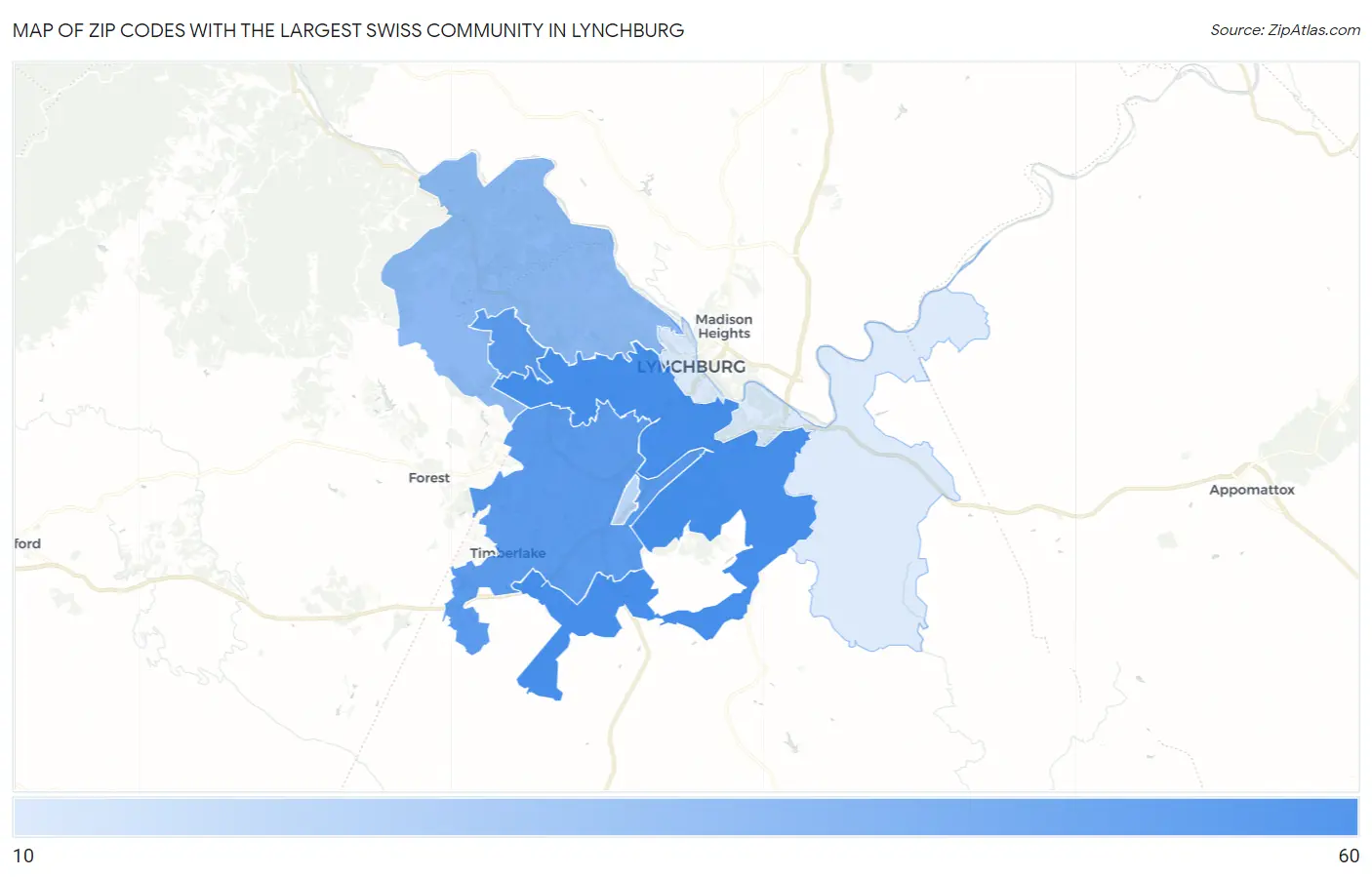 Zip Codes with the Largest Swiss Community in Lynchburg Map