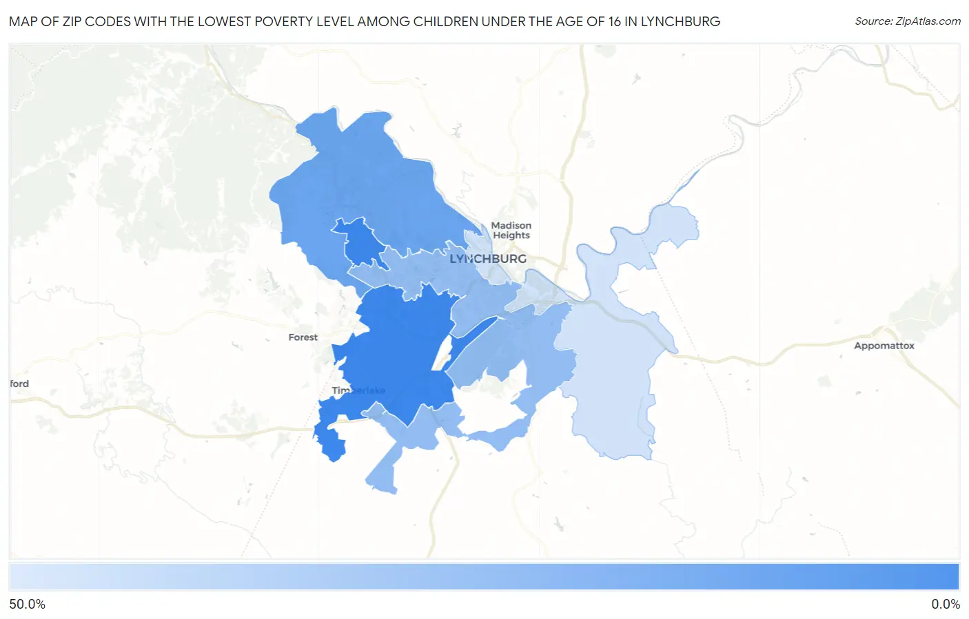 Zip Codes with the Lowest Poverty Level Among Children Under the Age of 16 in Lynchburg Map