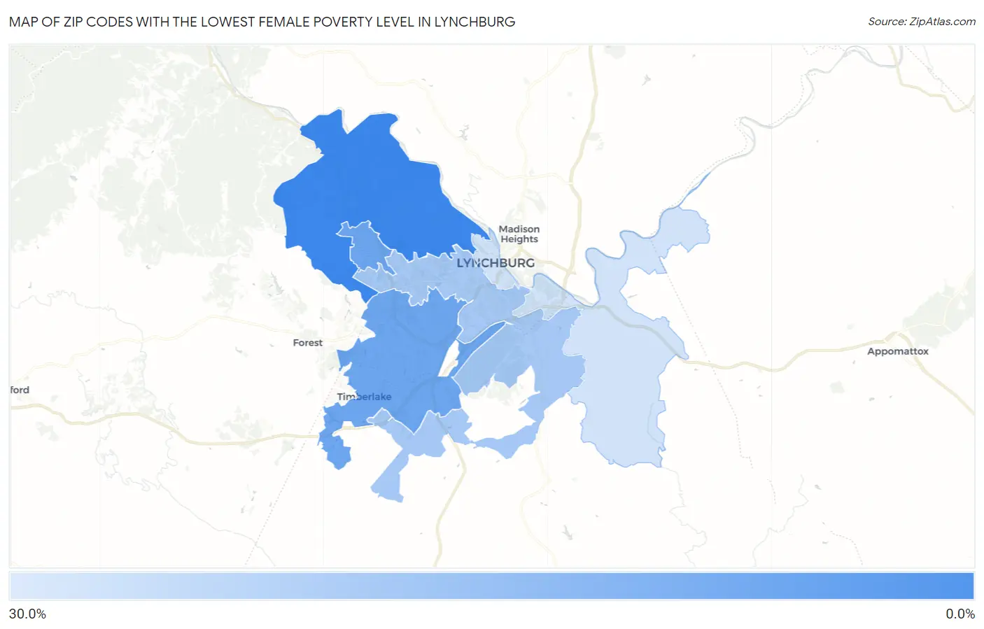 Zip Codes with the Lowest Female Poverty Level in Lynchburg Map