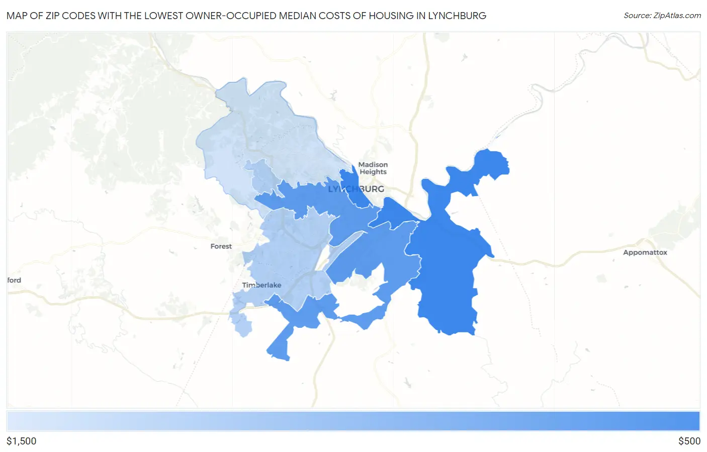 Zip Codes with the Lowest Owner-Occupied Median Costs of Housing in Lynchburg Map