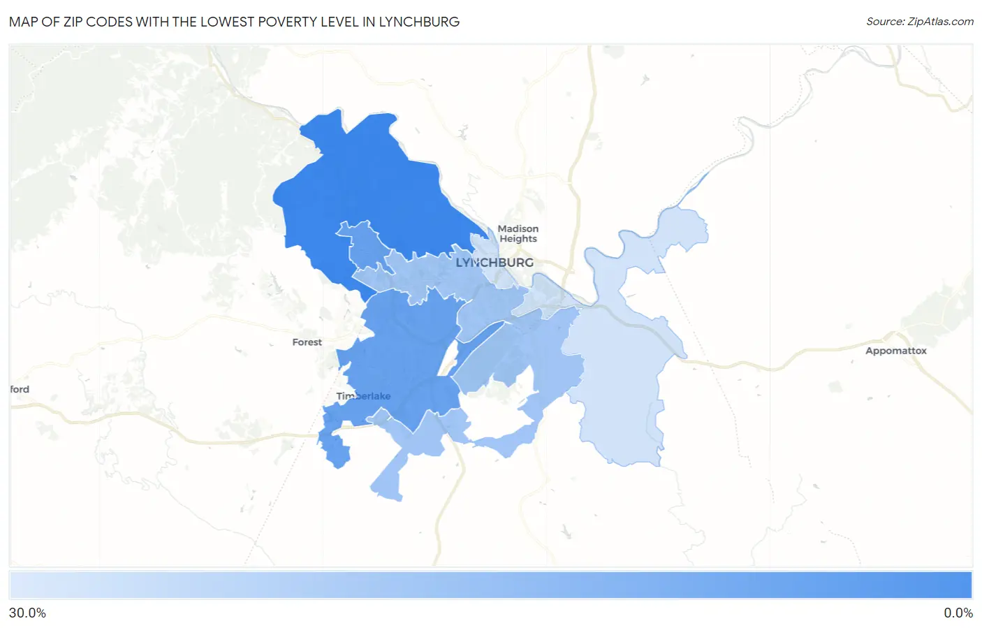 Zip Codes with the Lowest Poverty Level in Lynchburg Map