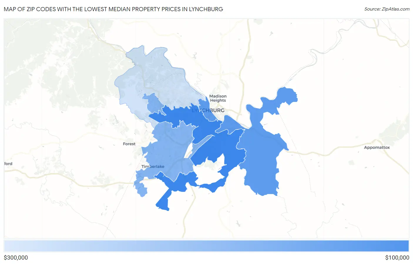 Zip Codes with the Lowest Median Property Prices in Lynchburg Map