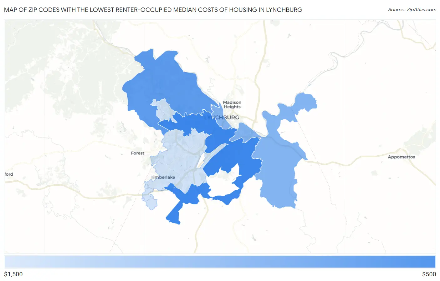 Zip Codes with the Lowest Renter-Occupied Median Costs of Housing in Lynchburg Map
