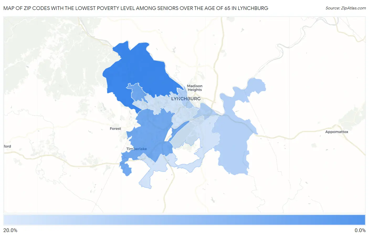Zip Codes with the Lowest Poverty Level Among Seniors Over the Age of 65 in Lynchburg Map