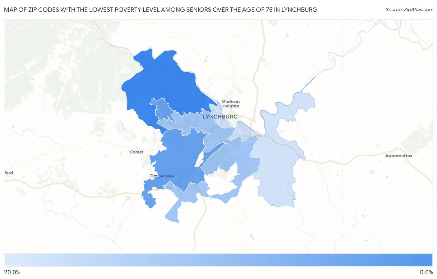 Zip Codes with the Lowest Poverty Level Among Seniors Over the Age of 75 in Lynchburg Map