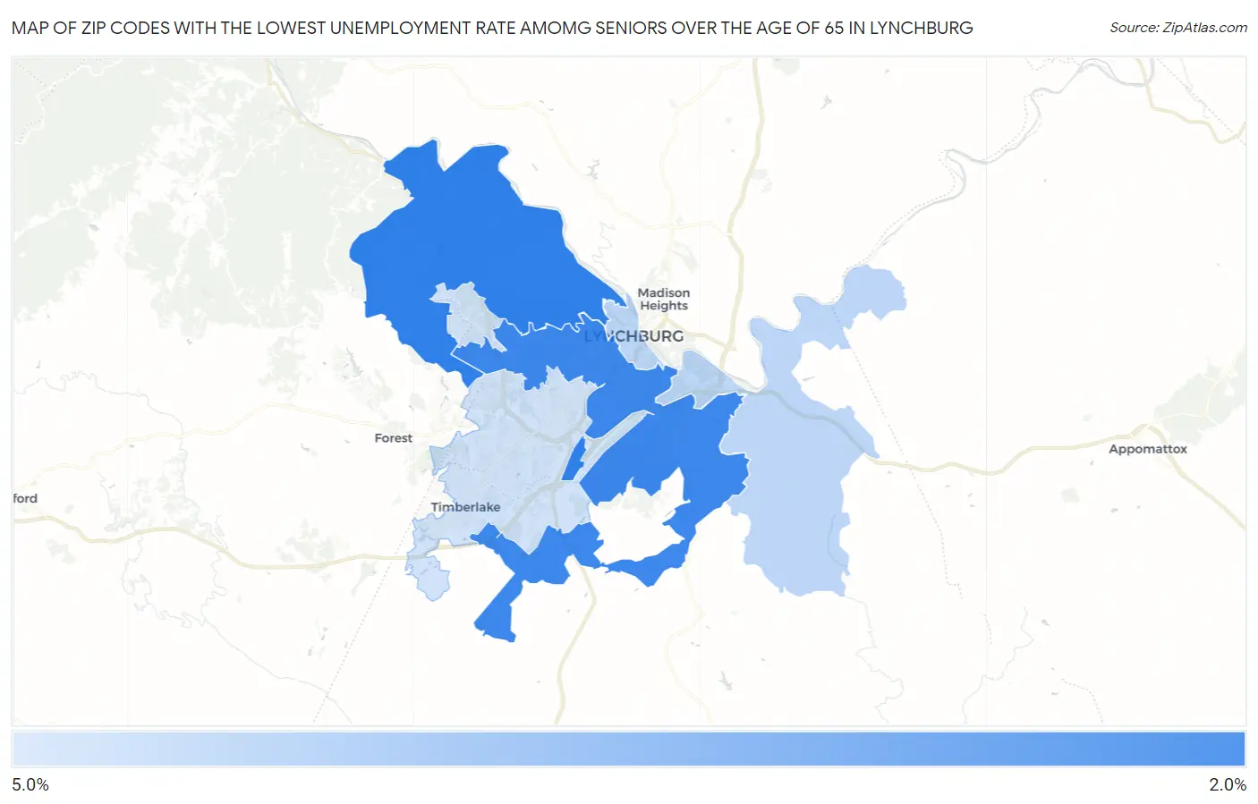 Zip Codes with the Lowest Unemployment Rate Amomg Seniors Over the Age of 65 in Lynchburg Map