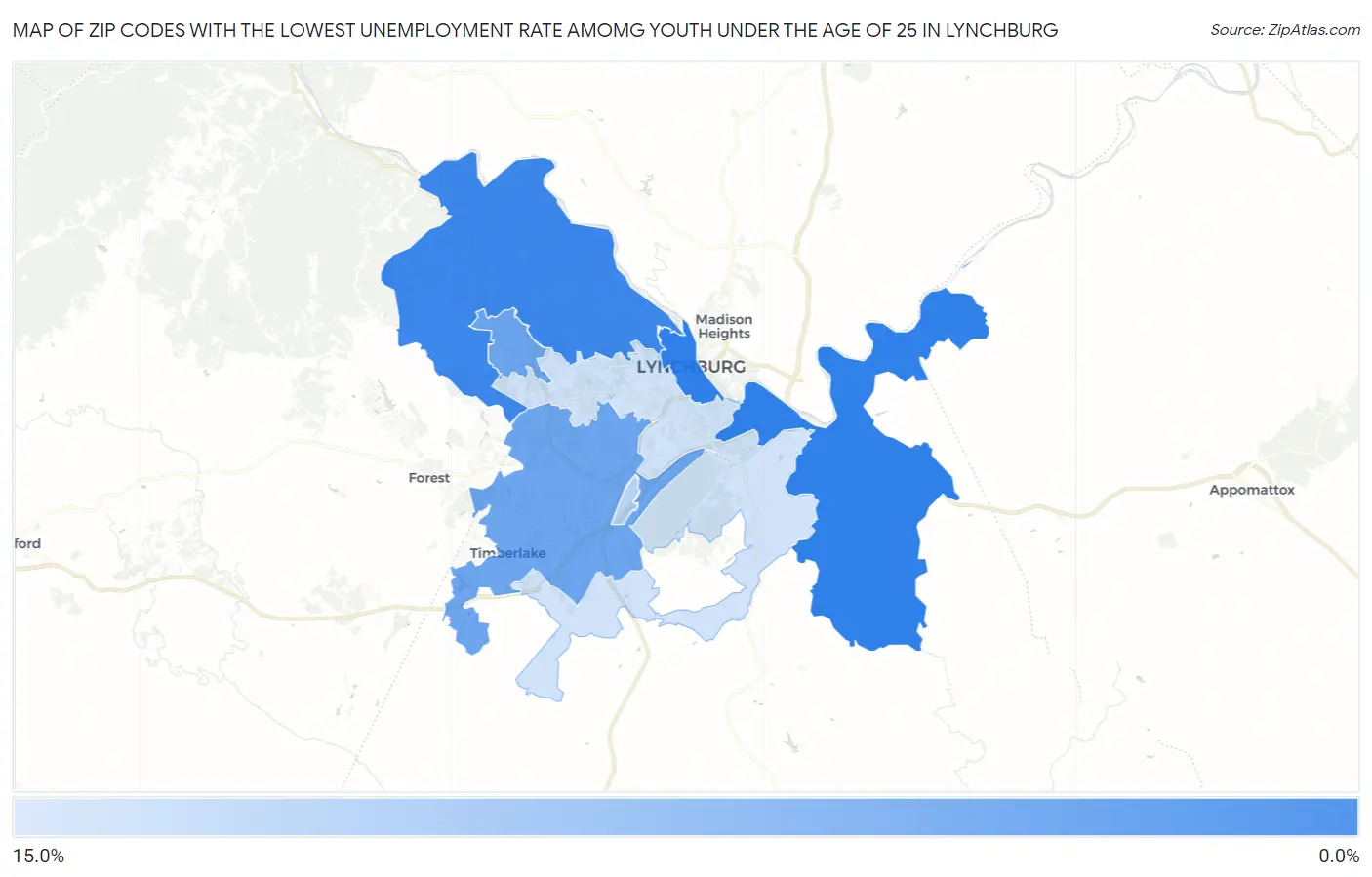 Zip Codes with the Lowest Unemployment Rate Amomg Youth Under the Age of 25 in Lynchburg Map
