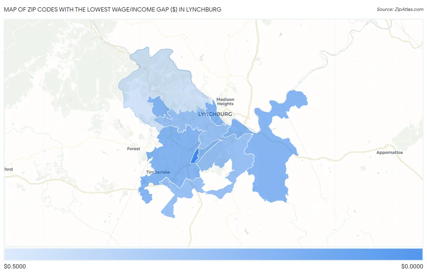 Zip Codes with the Lowest Wage/Income Gap ($) in Lynchburg Map