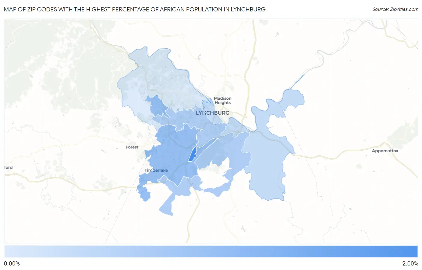 Zip Codes with the Highest Percentage of African Population in Lynchburg Map