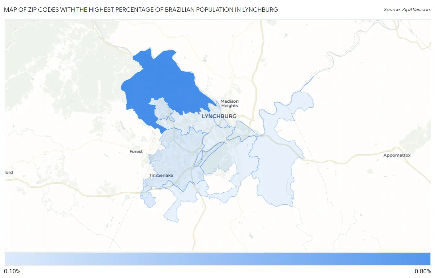 Zip Codes with the Highest Percentage of Brazilian Population in Lynchburg Map