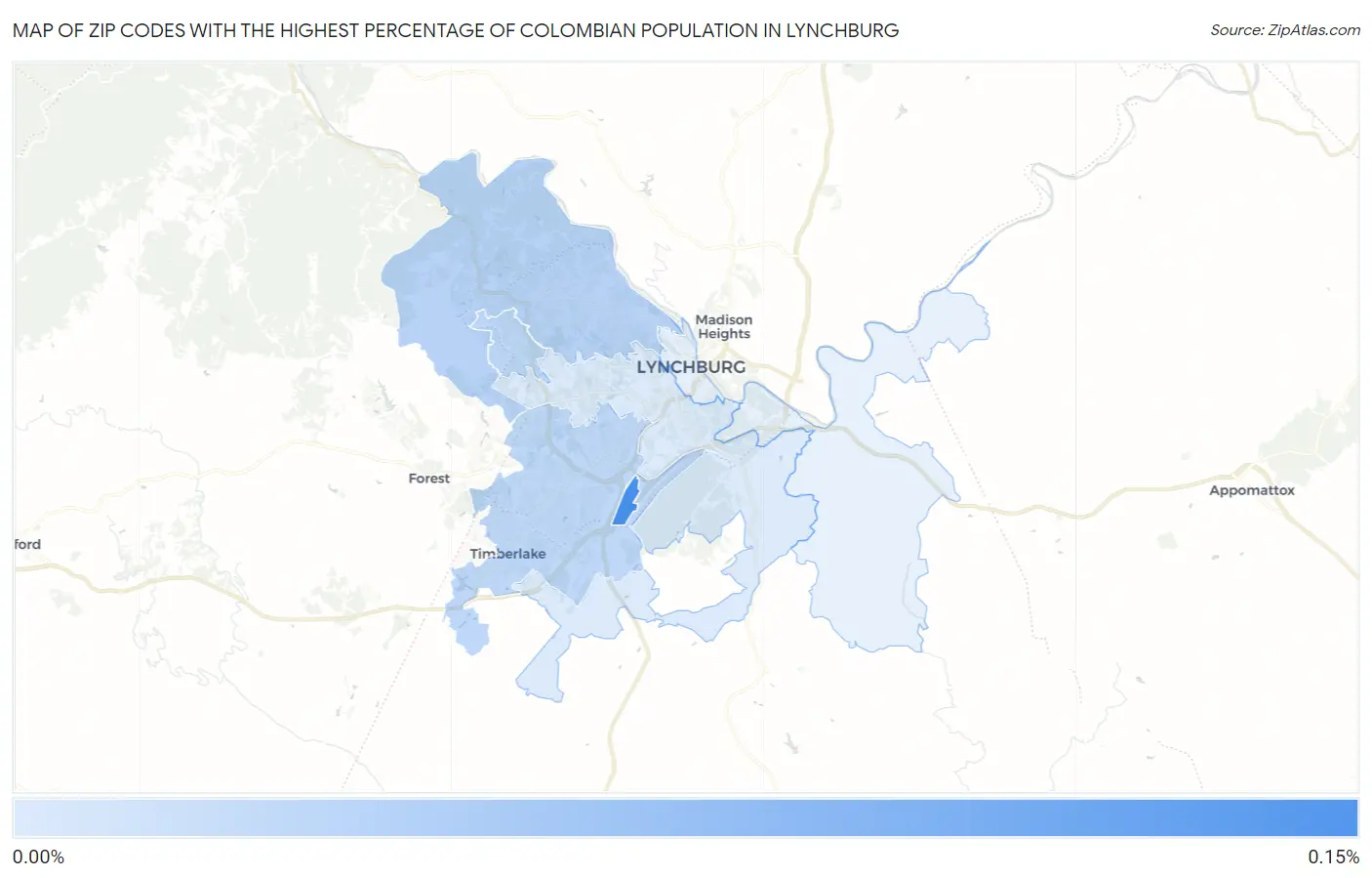 Zip Codes with the Highest Percentage of Colombian Population in Lynchburg Map
