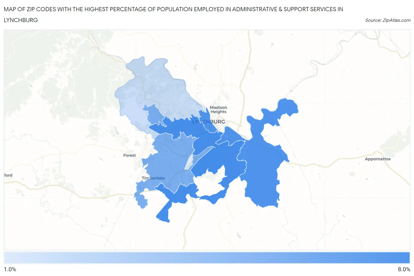 Zip Codes with the Highest Percentage of Population Employed in Administrative & Support Services in Lynchburg Map