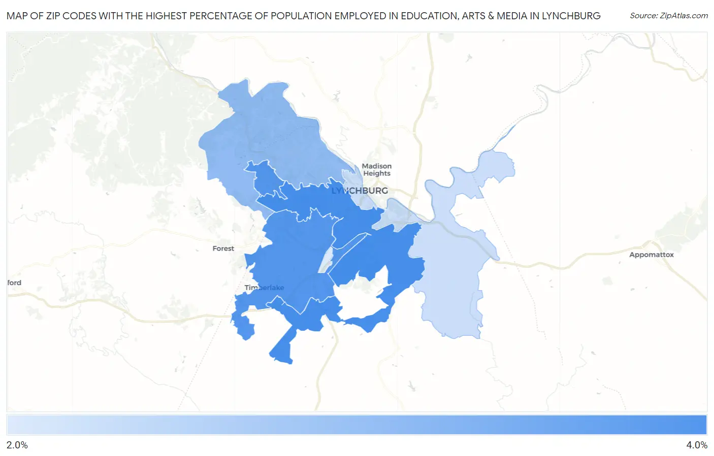 Zip Codes with the Highest Percentage of Population Employed in Education, Arts & Media in Lynchburg Map