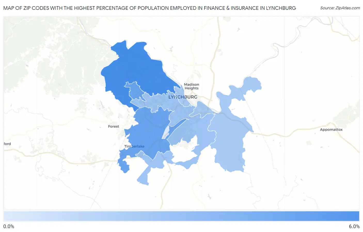 Zip Codes with the Highest Percentage of Population Employed in Finance & Insurance in Lynchburg Map