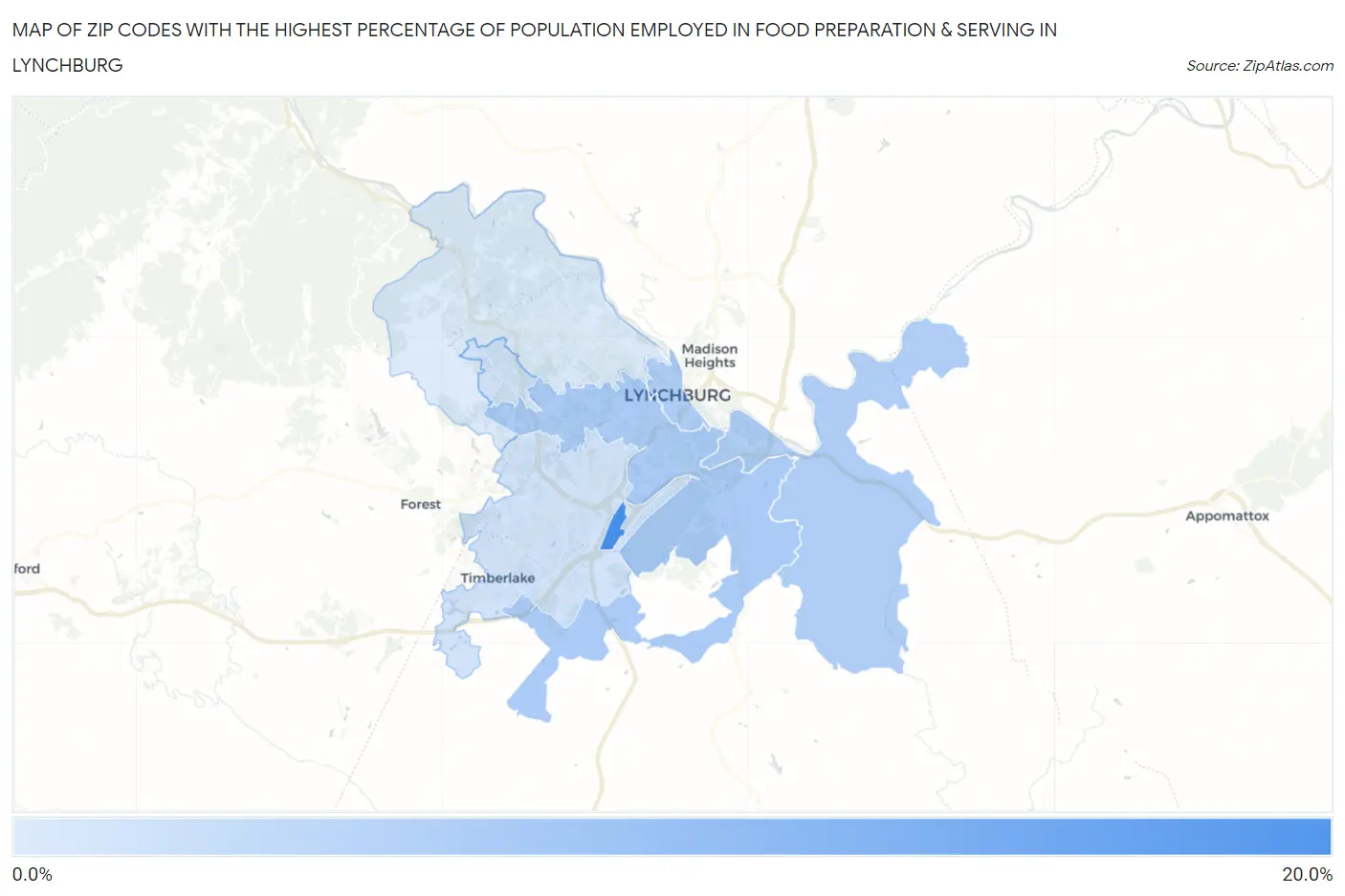 Zip Codes with the Highest Percentage of Population Employed in Food Preparation & Serving in Lynchburg Map