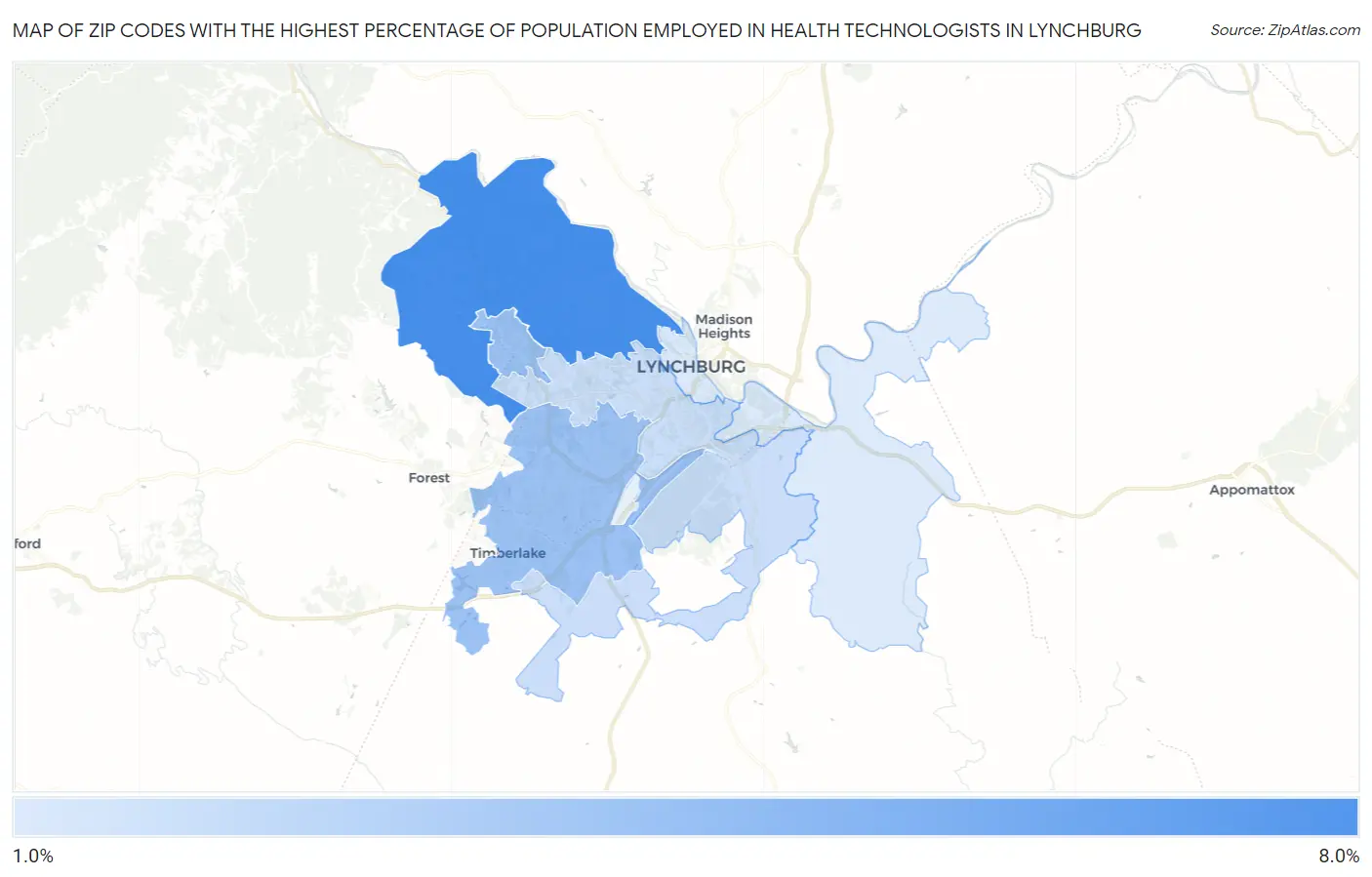 Zip Codes with the Highest Percentage of Population Employed in Health Technologists in Lynchburg Map