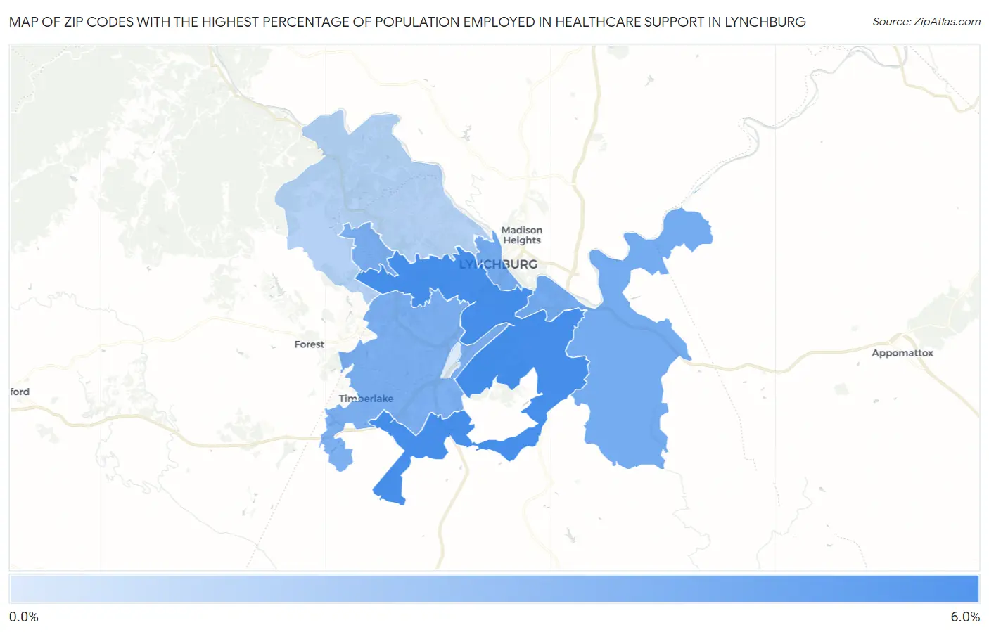 Zip Codes with the Highest Percentage of Population Employed in Healthcare Support in Lynchburg Map