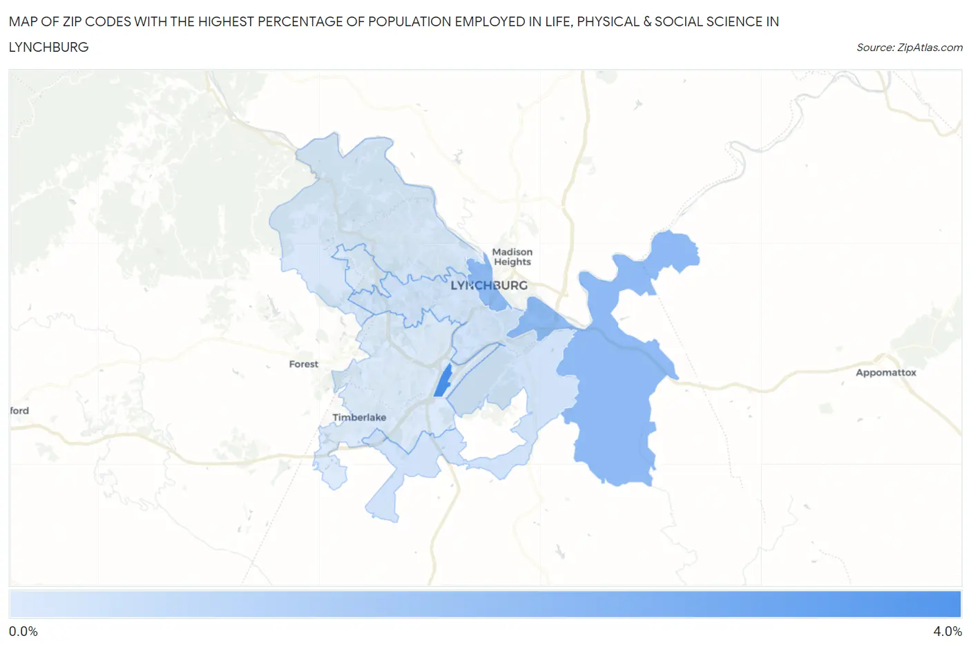 Zip Codes with the Highest Percentage of Population Employed in Life, Physical & Social Science in Lynchburg Map