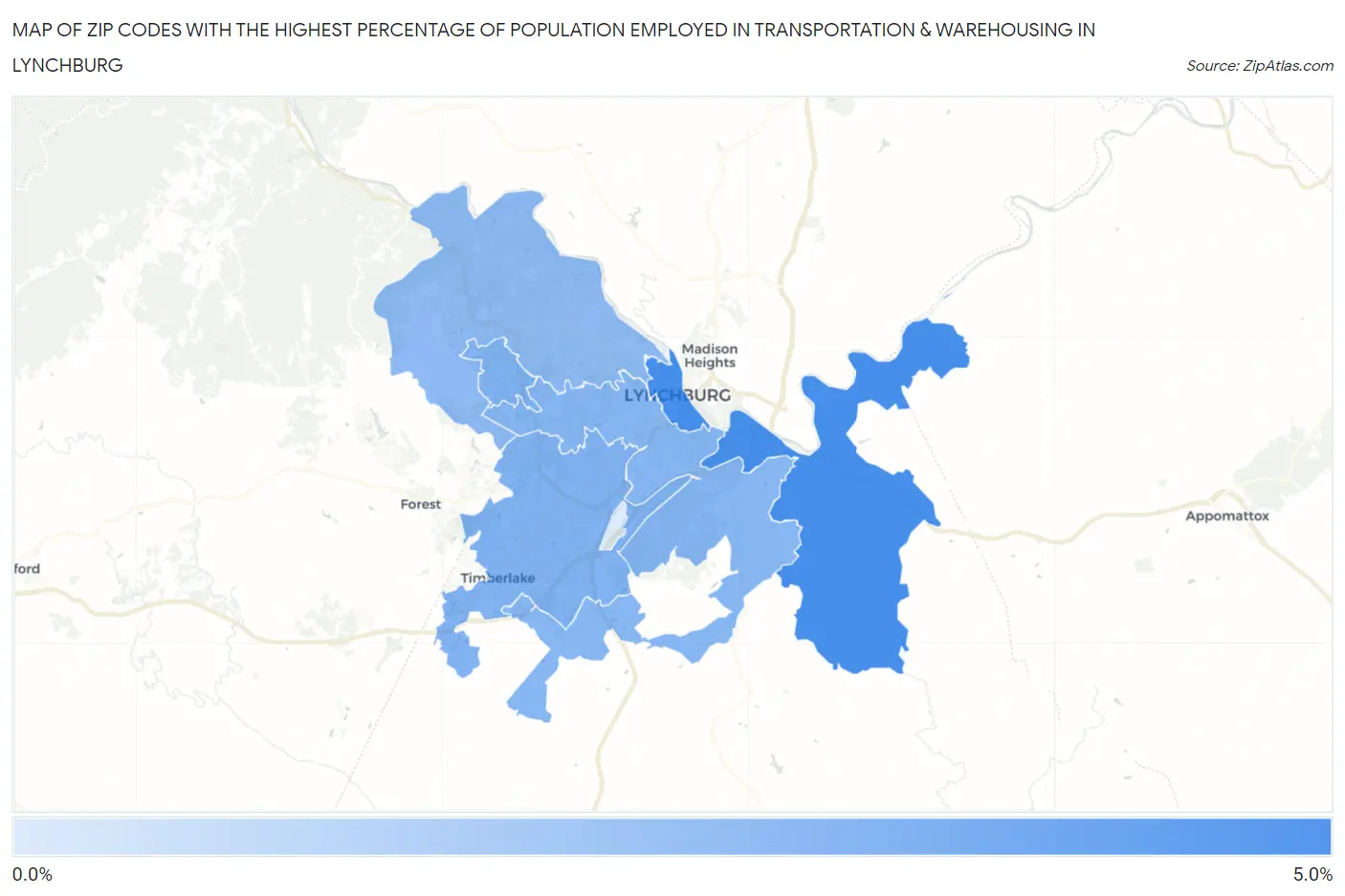 Zip Codes with the Highest Percentage of Population Employed in Transportation & Warehousing in Lynchburg Map