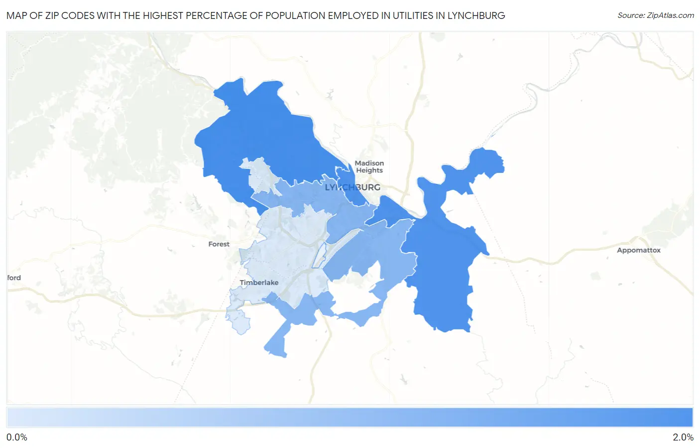Zip Codes with the Highest Percentage of Population Employed in Utilities in Lynchburg Map