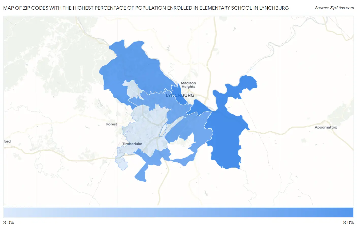 Zip Codes with the Highest Percentage of Population Enrolled in Elementary School in Lynchburg Map