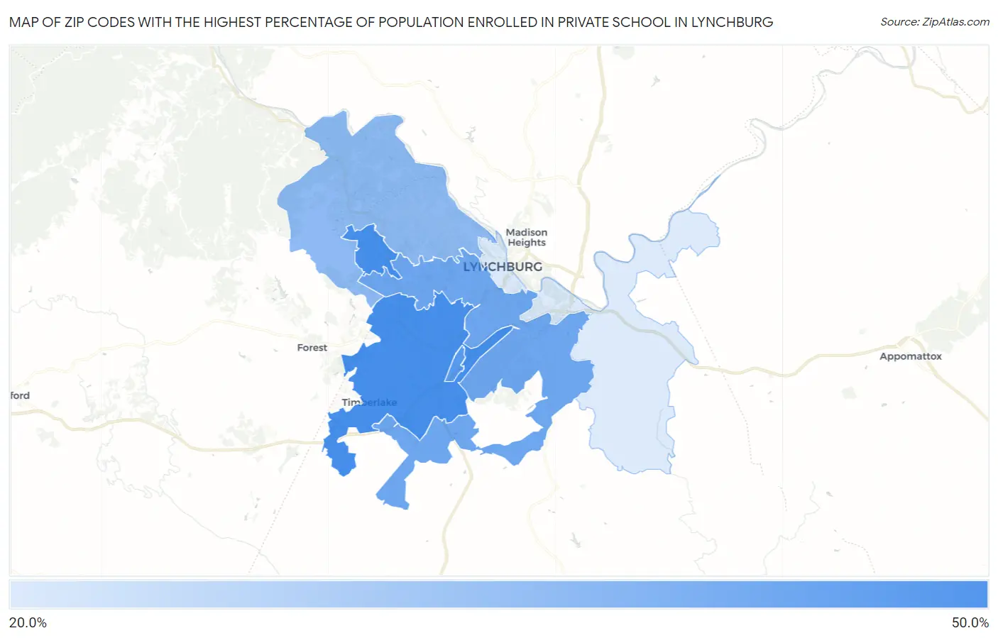 Zip Codes with the Highest Percentage of Population Enrolled in Private School in Lynchburg Map