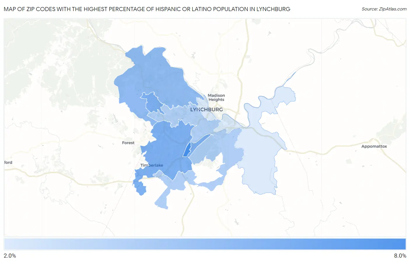 Zip Codes with the Highest Percentage of Hispanic or Latino Population in Lynchburg Map
