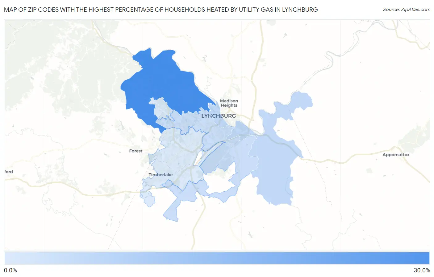 Zip Codes with the Highest Percentage of Households Heated by Utility Gas in Lynchburg Map