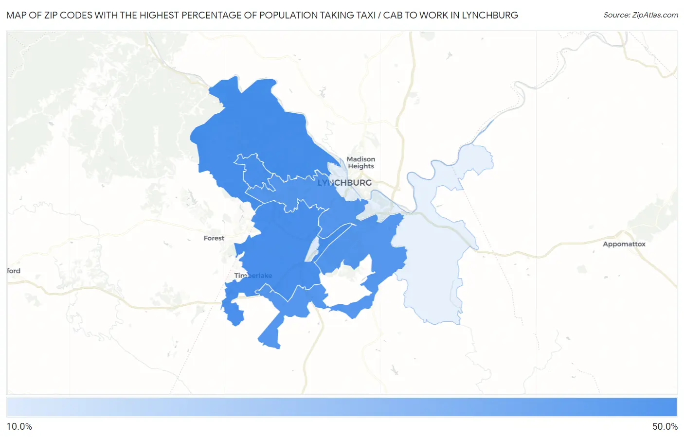 Zip Codes with the Highest Percentage of Population Taking Taxi / Cab to Work in Lynchburg Map