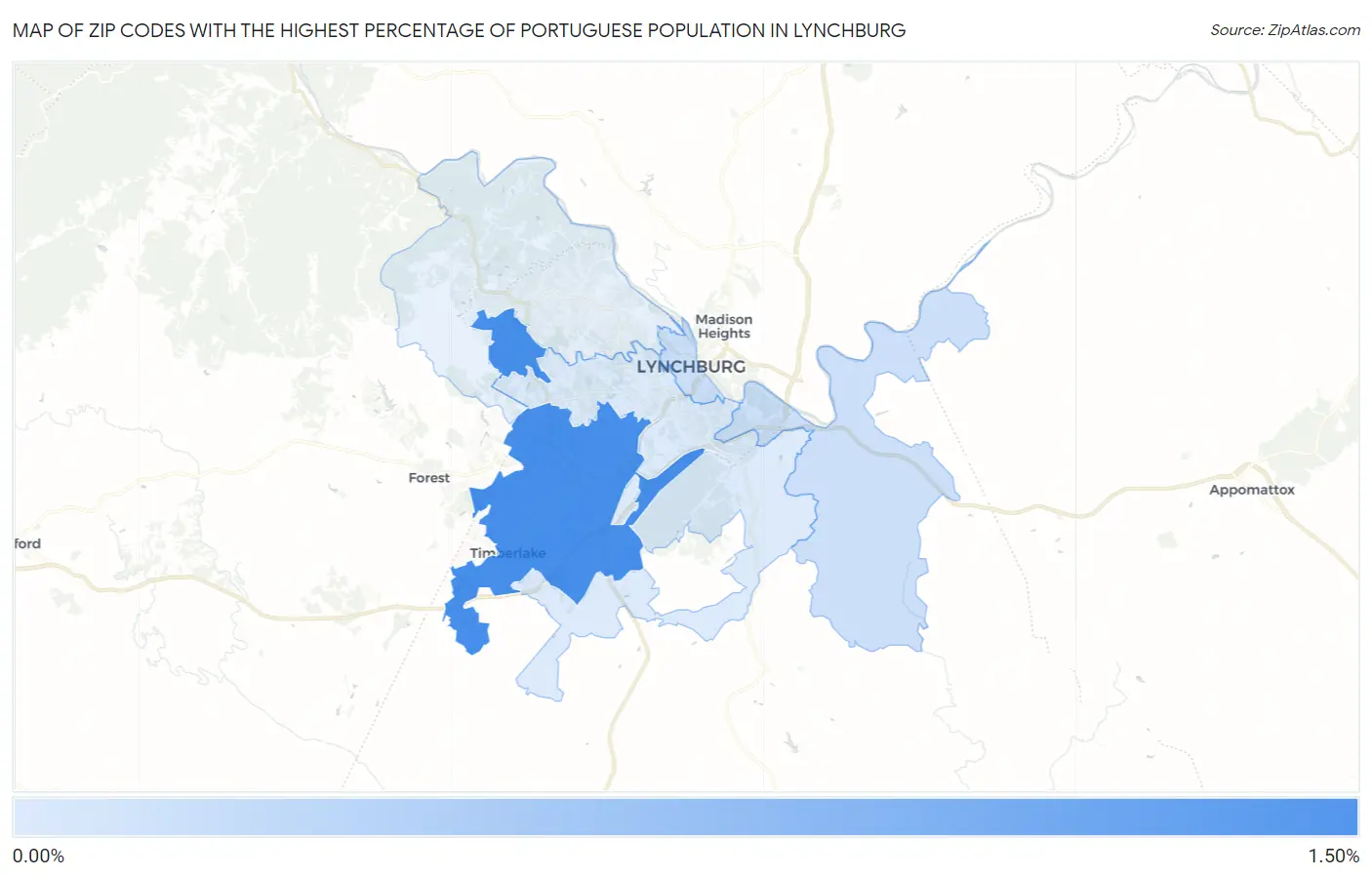 Zip Codes with the Highest Percentage of Portuguese Population in Lynchburg Map