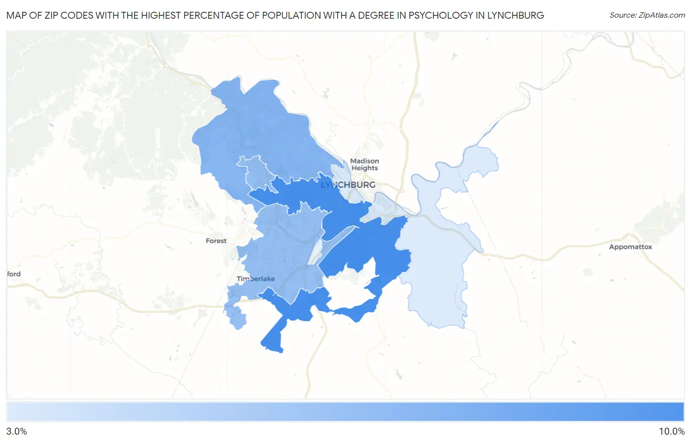 Zip Codes with the Highest Percentage of Population with a Degree in Psychology in Lynchburg Map