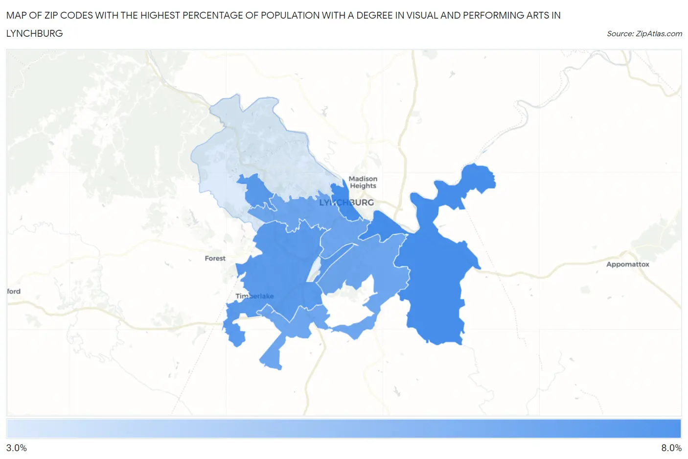 Zip Codes with the Highest Percentage of Population with a Degree in Visual and Performing Arts in Lynchburg Map