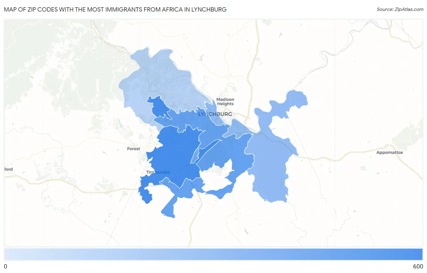 Zip Codes with the Most Immigrants from Africa in Lynchburg Map