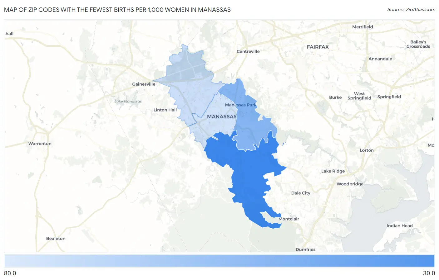 Zip Codes with the Fewest Births per 1,000 Women in Manassas Map