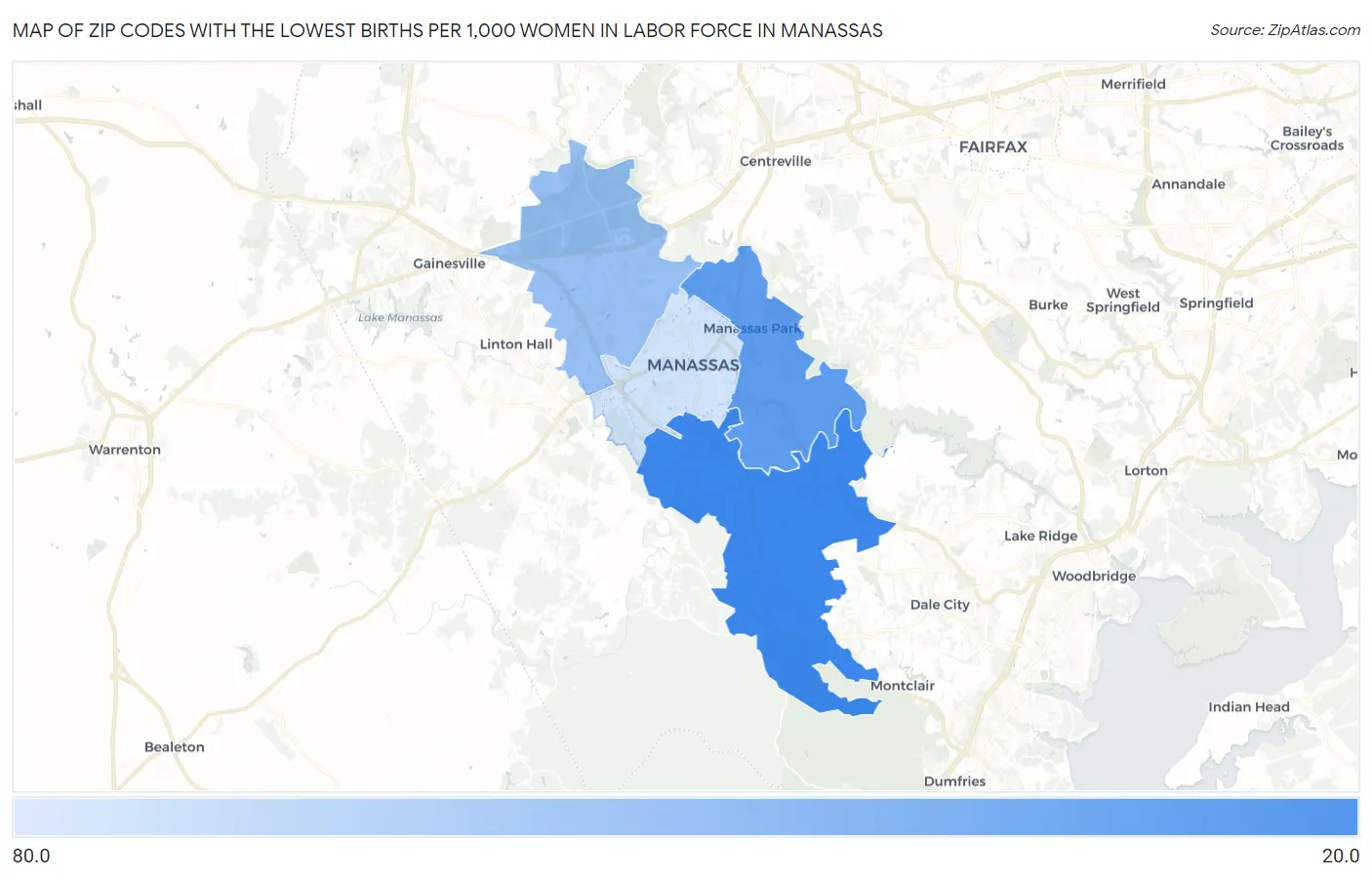 Zip Codes with the Lowest Births per 1,000 Women in Labor Force in Manassas Map