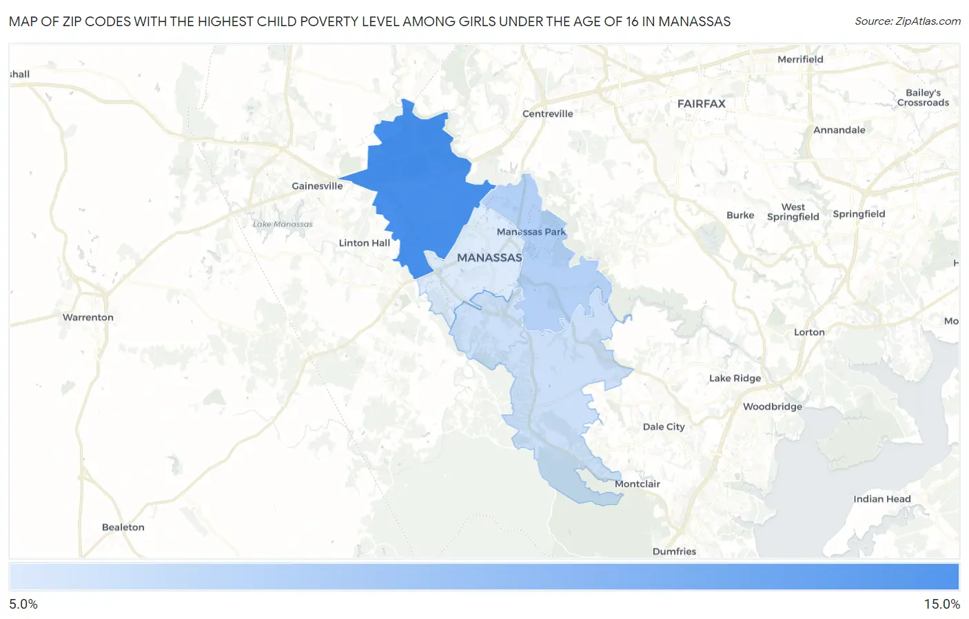 Zip Codes with the Highest Child Poverty Level Among Girls Under the Age of 16 in Manassas Map