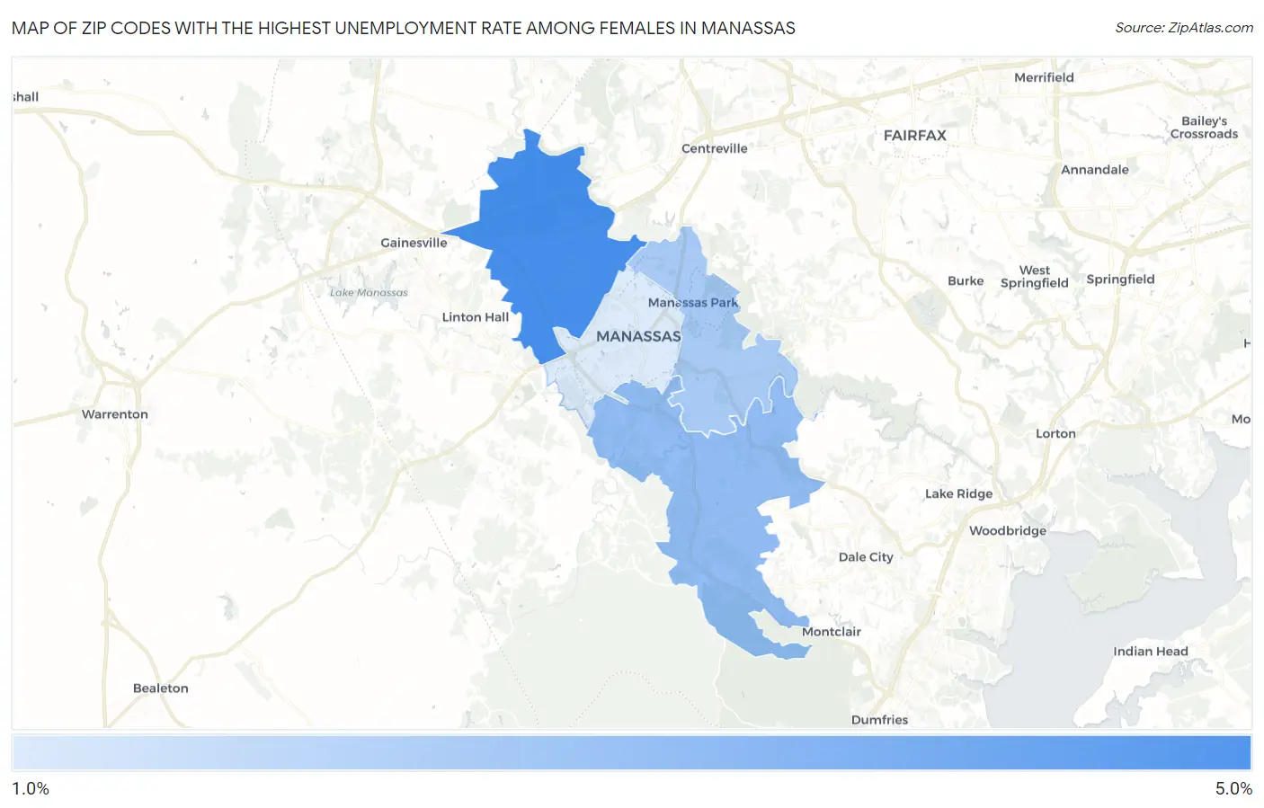 Zip Codes with the Highest Unemployment Rate Among Females in Manassas Map