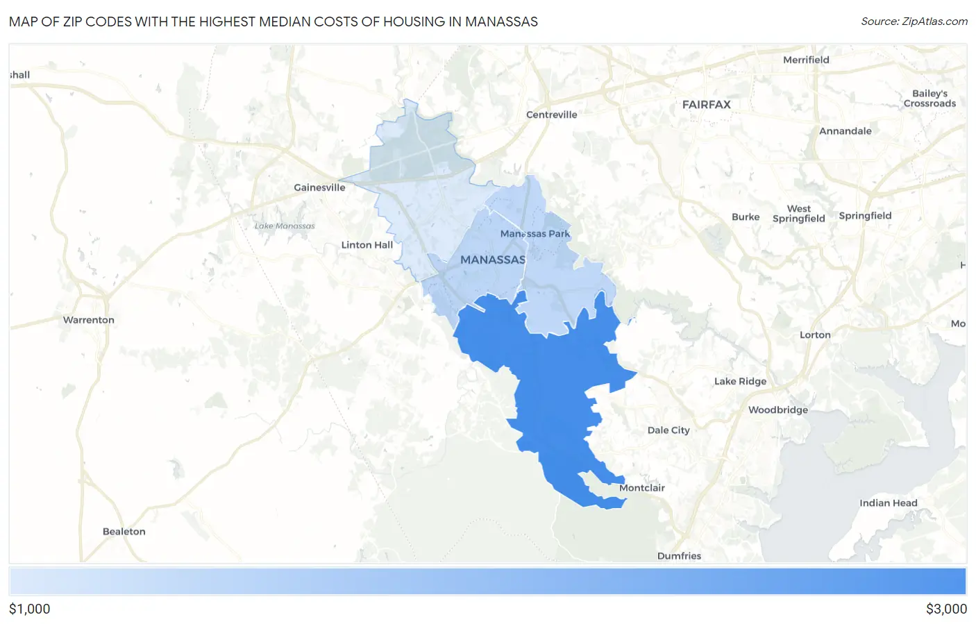 Zip Codes with the Highest Median Costs of Housing in Manassas Map