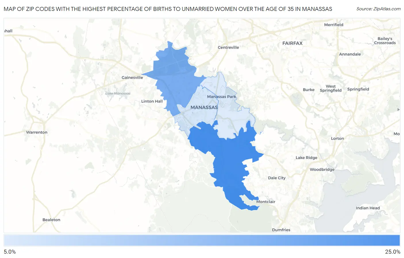 Zip Codes with the Highest Percentage of Births to Unmarried Women over the Age of 35 in Manassas Map