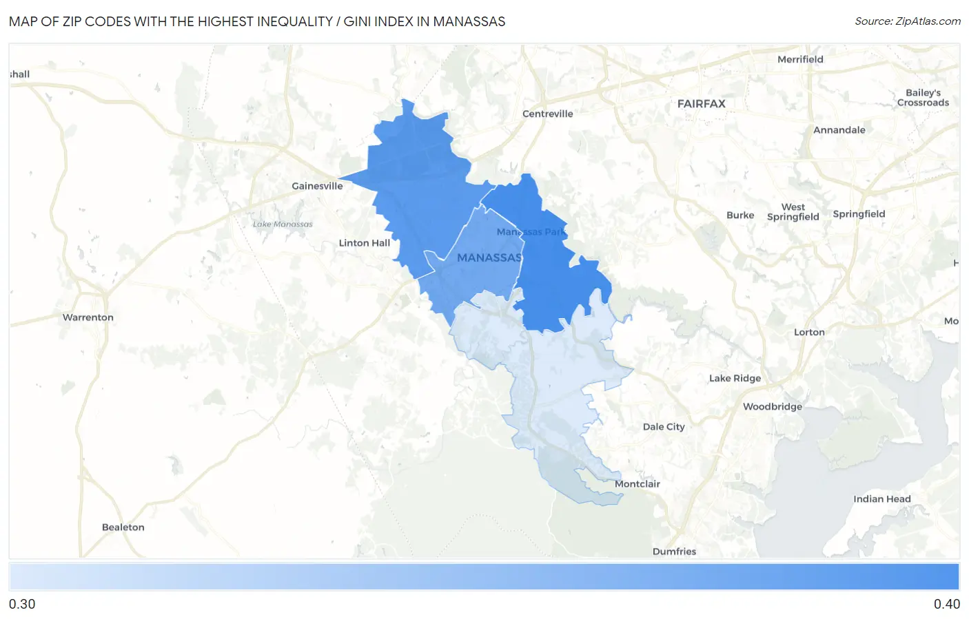 Zip Codes with the Highest Inequality / Gini Index in Manassas Map