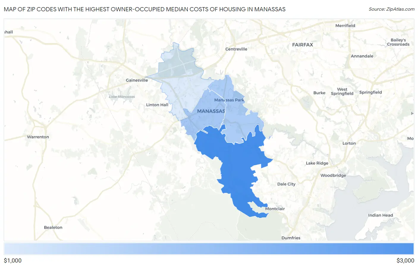 Zip Codes with the Highest Owner-Occupied Median Costs of Housing in Manassas Map