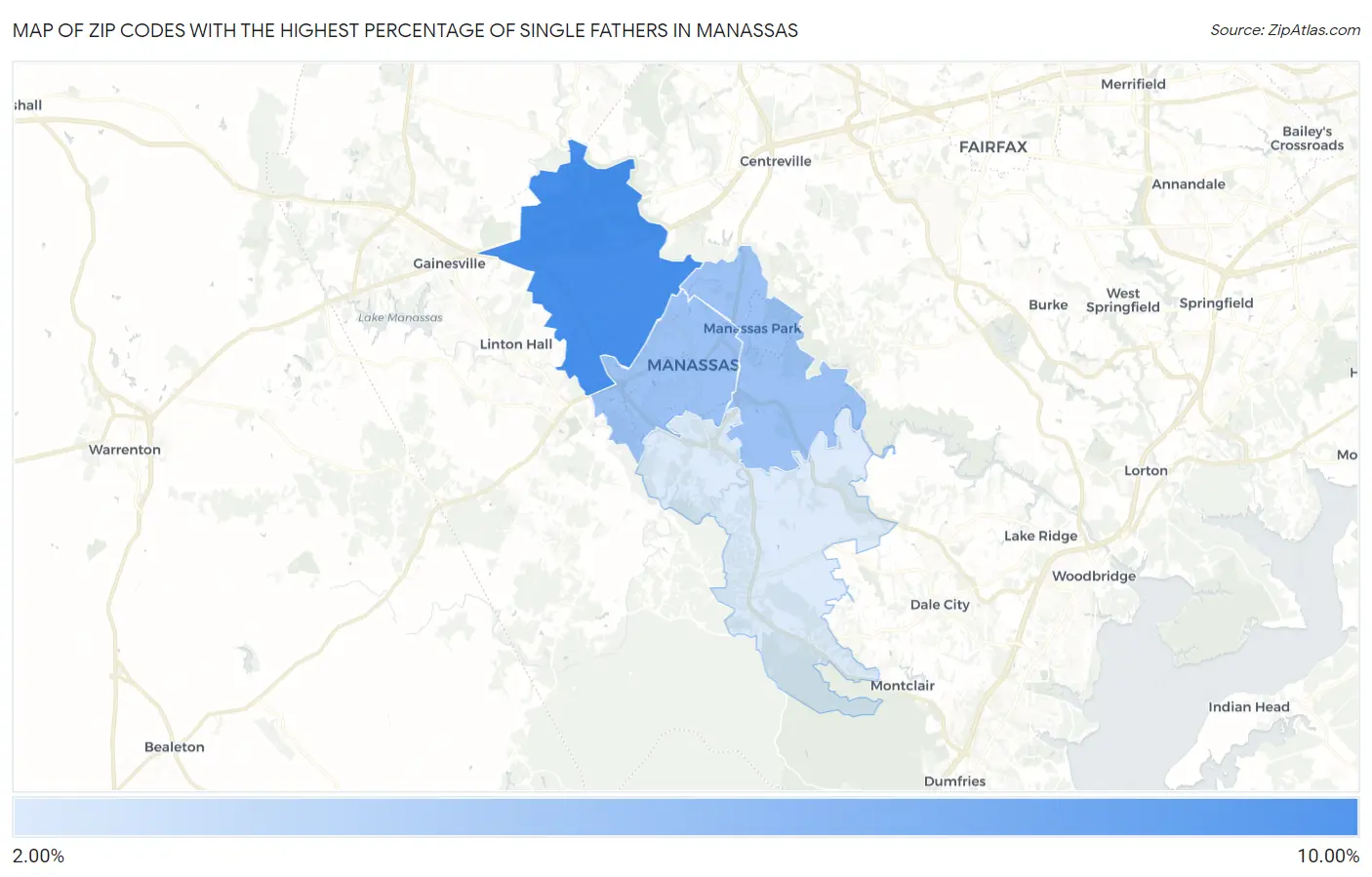 Zip Codes with the Highest Percentage of Single Fathers in Manassas Map