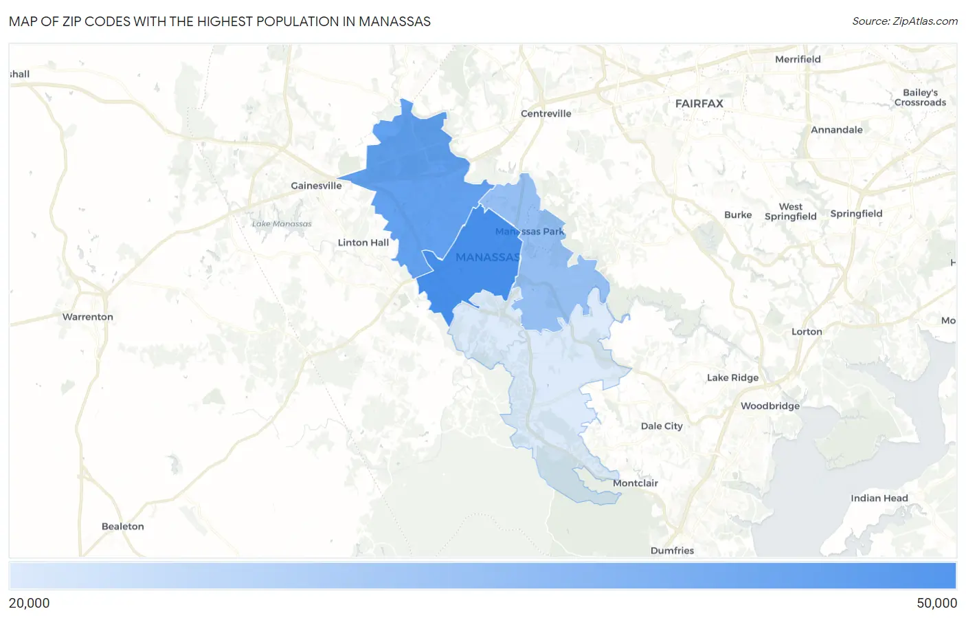 Zip Codes with the Highest Population in Manassas Map