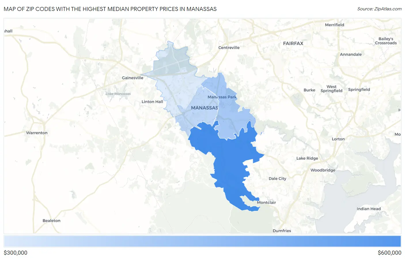 Zip Codes with the Highest Median Property Prices in Manassas Map