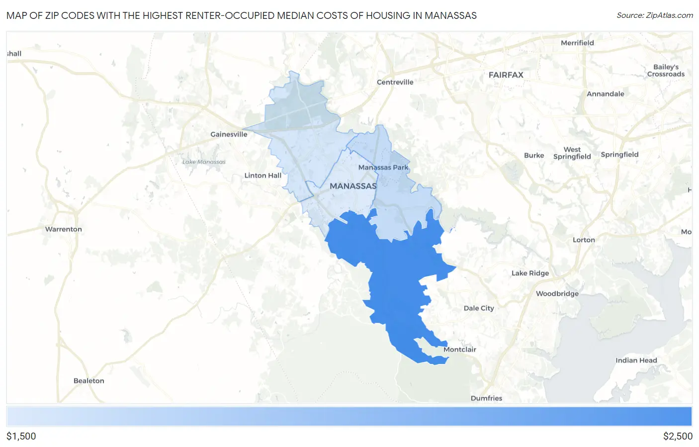 Zip Codes with the Highest Renter-Occupied Median Costs of Housing in Manassas Map