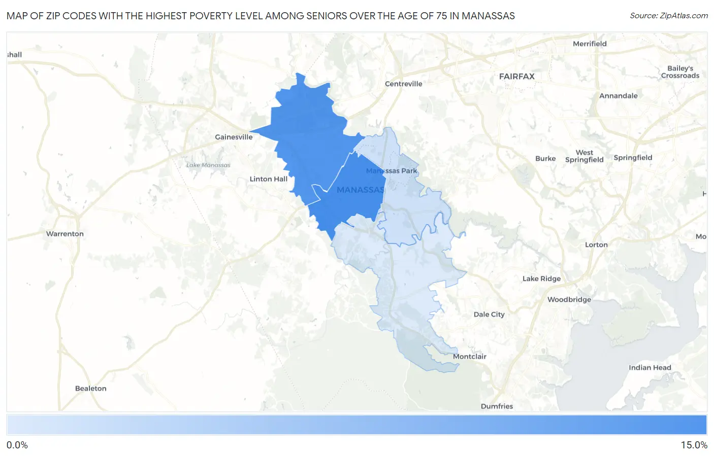 Zip Codes with the Highest Poverty Level Among Seniors Over the Age of 75 in Manassas Map