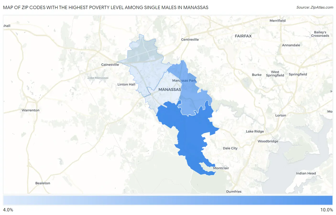 Zip Codes with the Highest Poverty Level Among Single Males in Manassas Map
