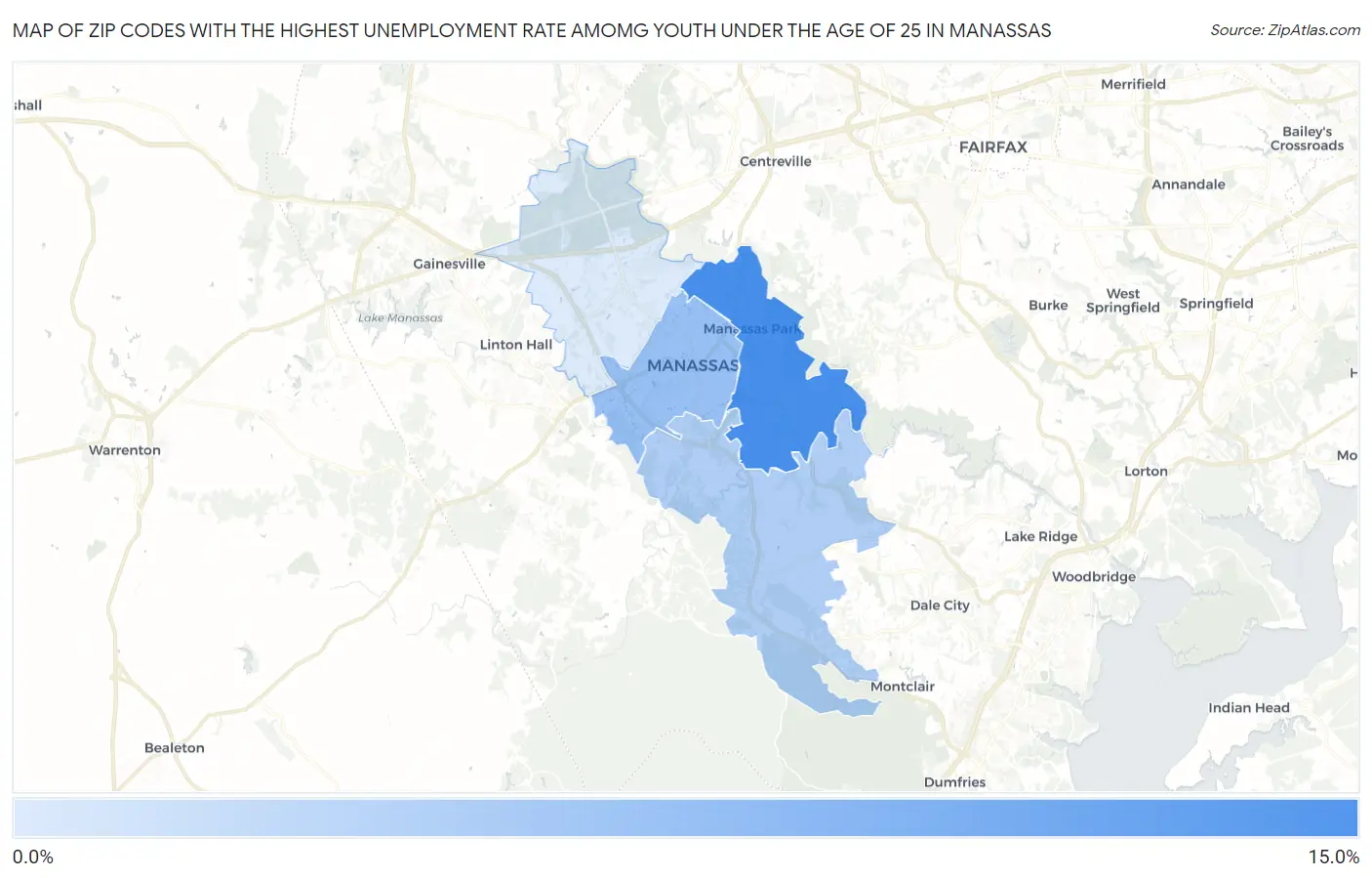 Zip Codes with the Highest Unemployment Rate Amomg Youth Under the Age of 25 in Manassas Map